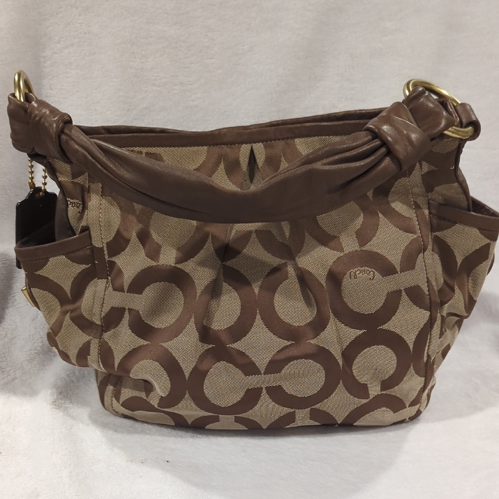 Coach Tan and Brown Signature Shoulder Bag